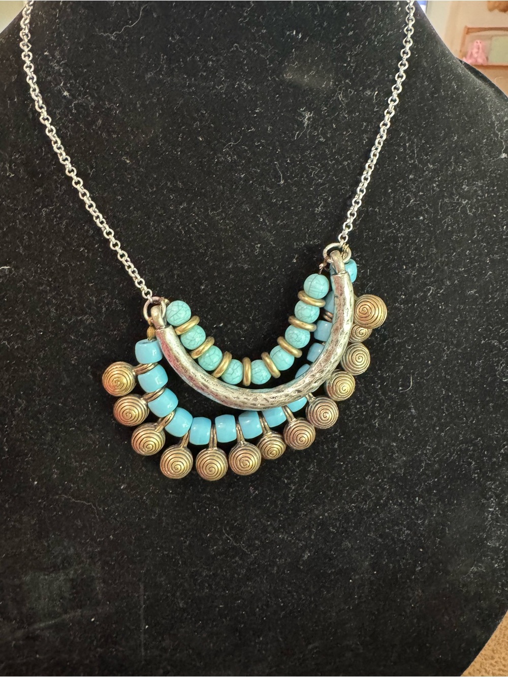 Turquoise Beaded Crescent Statement Necklace